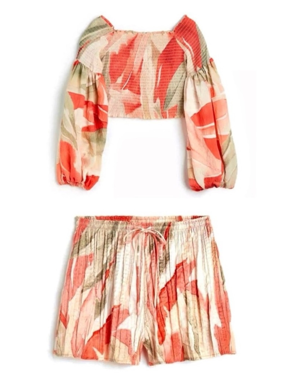 H&M Women’s smocked off the shoulder top and pleated satin shorts set🧡🧡